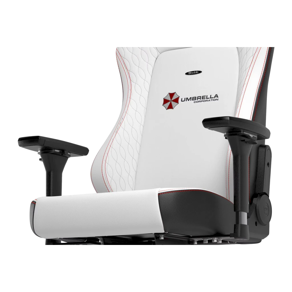Fauteuil Gaming Noblechairs HERO Resident Evil Umbrella Edition Blanc/Noir Cuir PU 4D, détail latéral: logo Umbrella