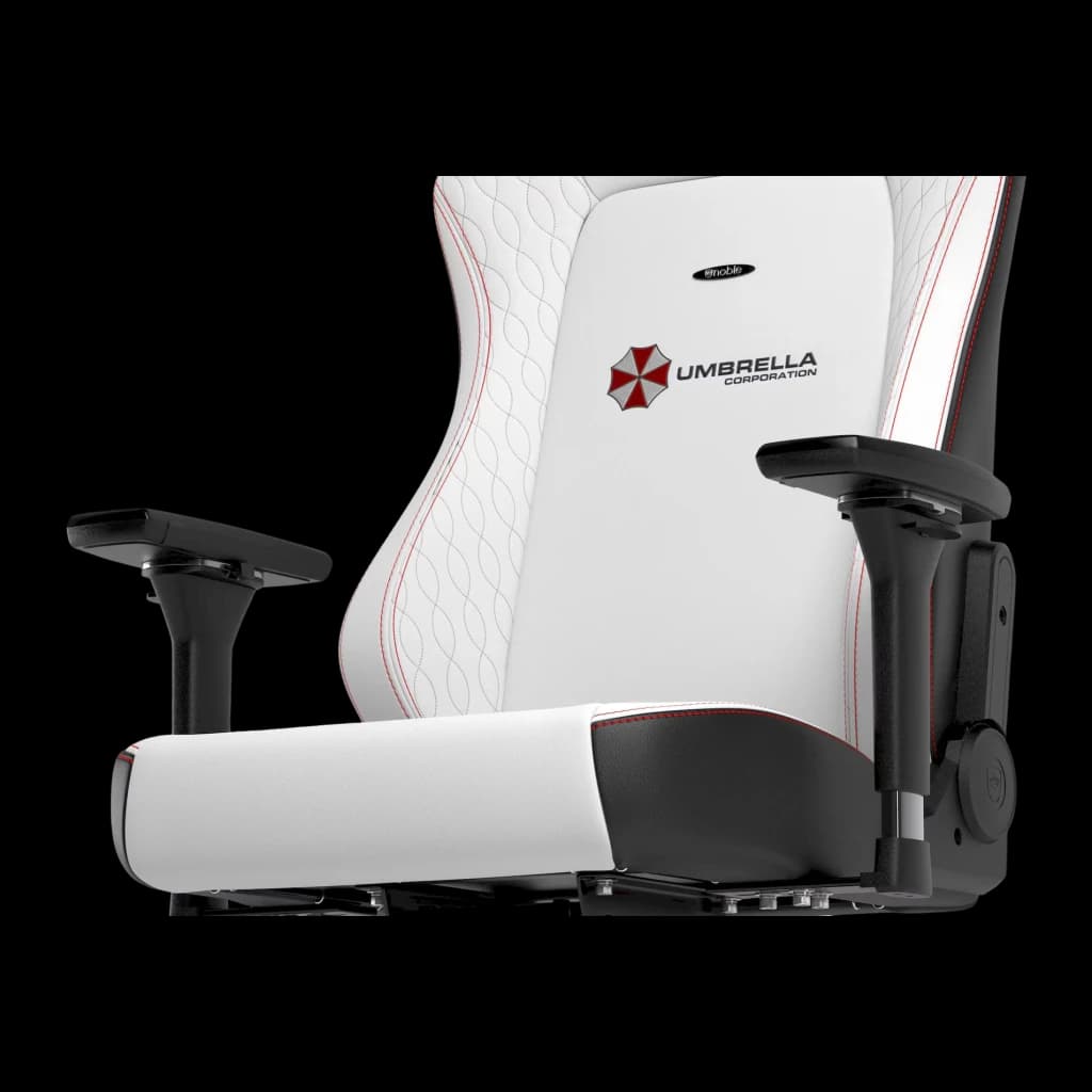 Fauteuil Gaming Noblechairs HERO Resident Evil Umbrella Edition Blanc/Noir Cuir PU 4D, détail latéral: logo Umbrella