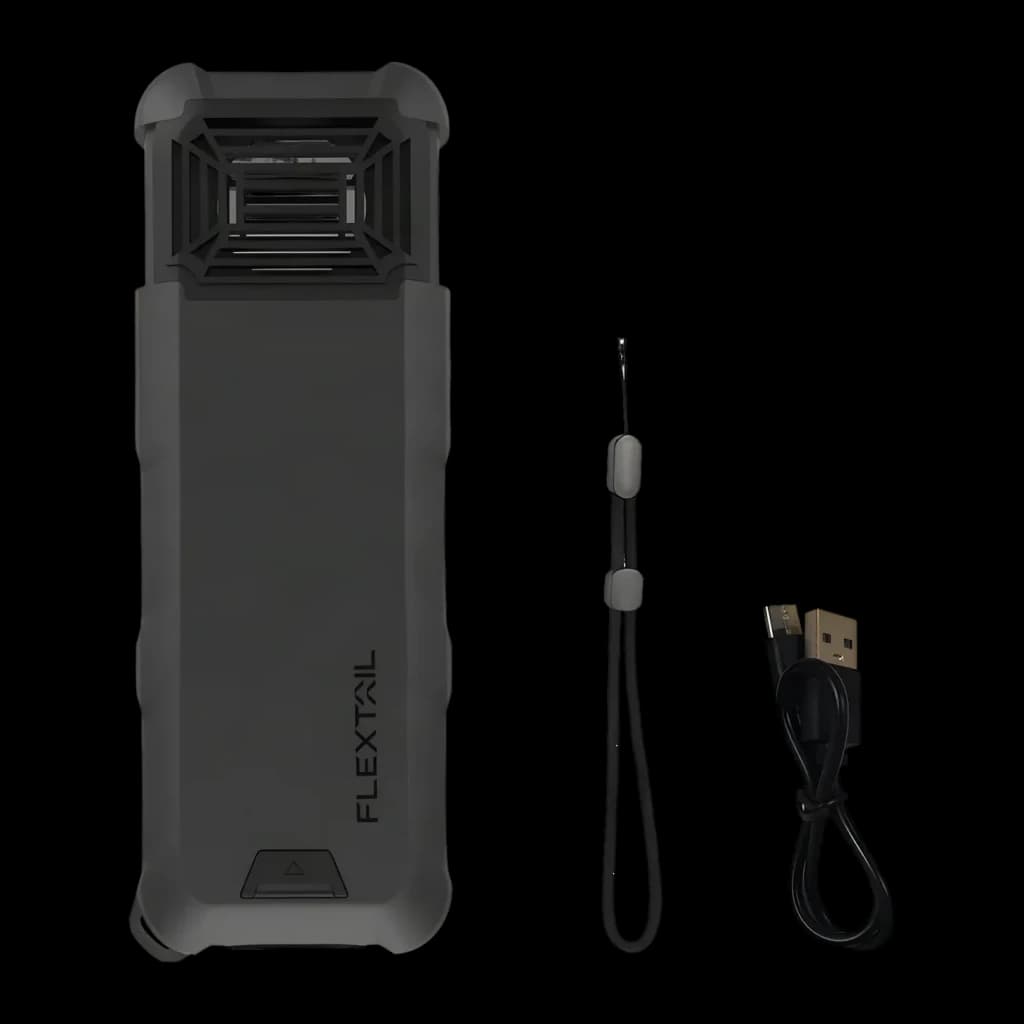 Repelente de mosquitos Flextail Max Repel S IP65 9600mAh Powerbank Cinzento, detalhe: vista frontal com cordão e cabo USB