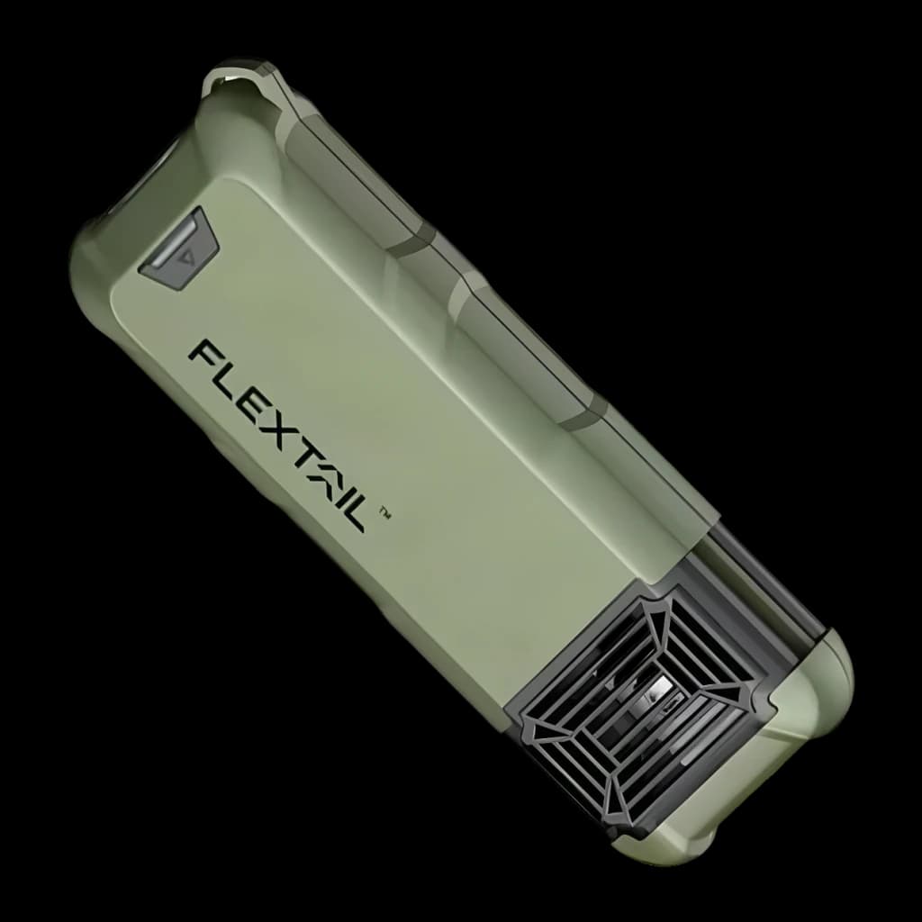 Repelente de mosquitos Flextail Max Repel S Verde, detalhe: vista superior diagonal com logo Flextail e grade do ventilador