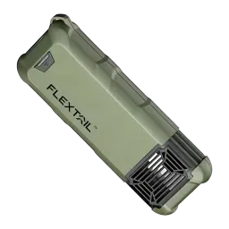 Repelente de mosquitos Flextail Max Repel S Verde, detalhe: vista superior diagonal com logo Flextail e grade do ventilador