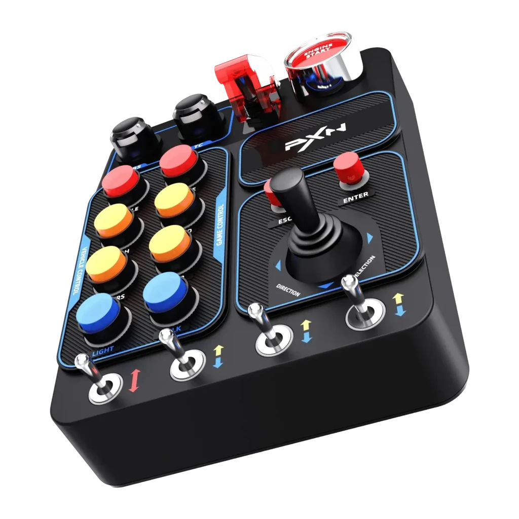 Panel de Boutons PXN CB1 RGB 7 effets 184x144x78,5mm Noir, vue de face: boutons multicolores, joystick, interrupteurs