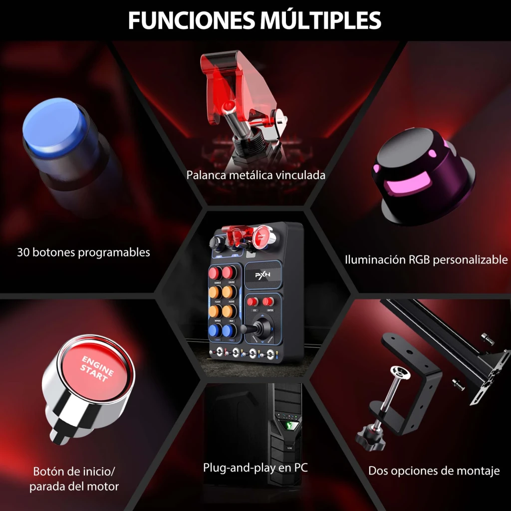 Panel de Boutons PXN CB1 RGB 7 effets 184x144x78,5mm Noir, fonctions: 30 boutons, levier métallique, RGB, bouton moteur