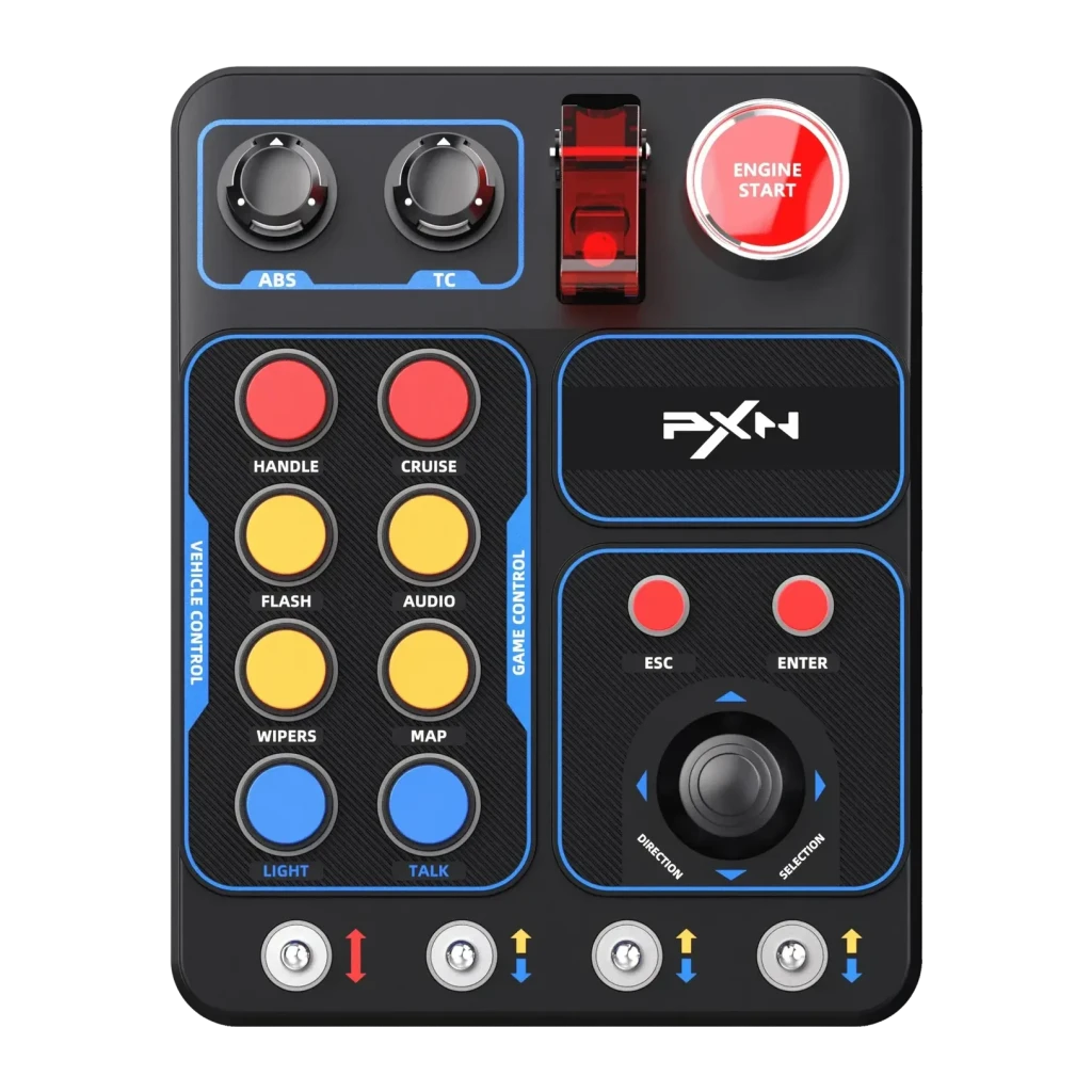 Panel de Boutons PXN CB1 RGB 7 effets 184x144x78,5mm Noir, détail face avant: boutons colorés, molettes ABS/TC, levier rouge