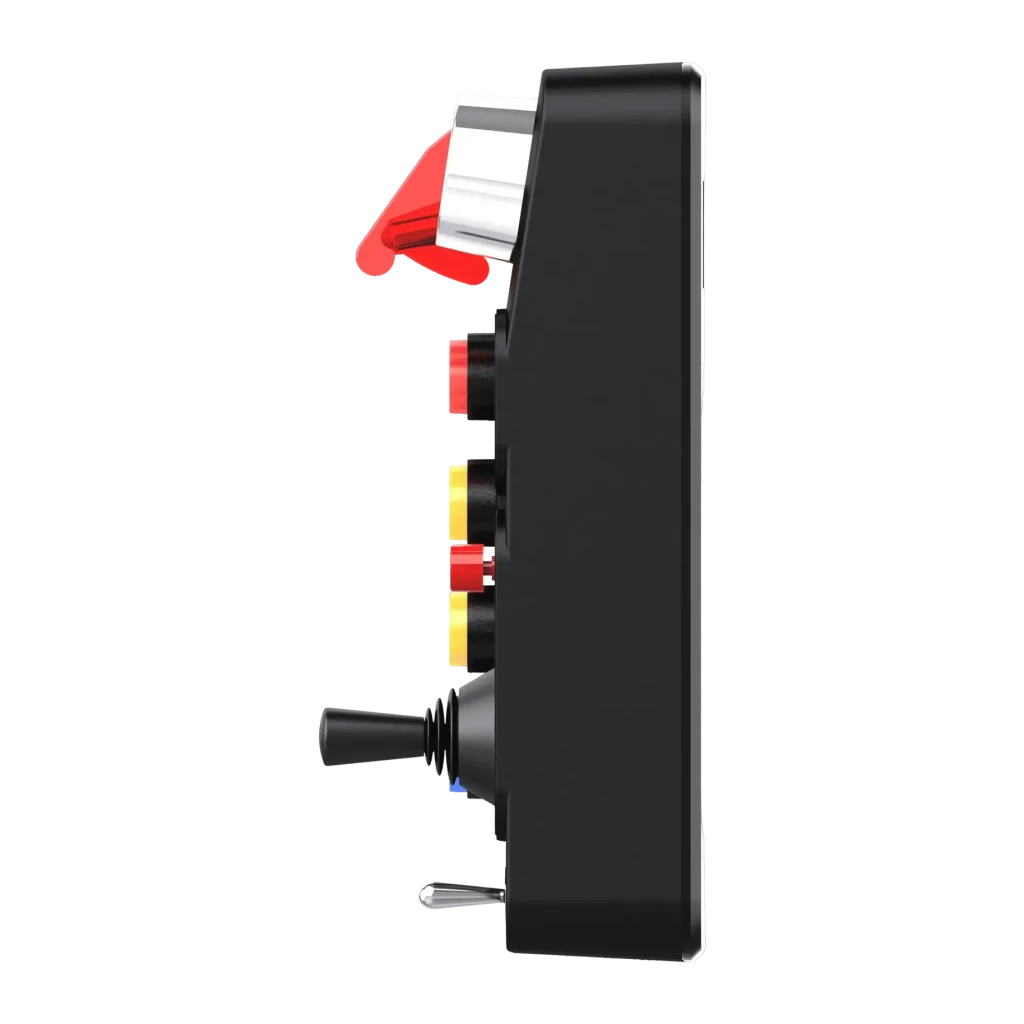Panel de Boutons PXN CB1 RGB 7 effets 184x144x78,5mm Noir, détail latéral: levier rouge protégé, boutons rouges et jaunes