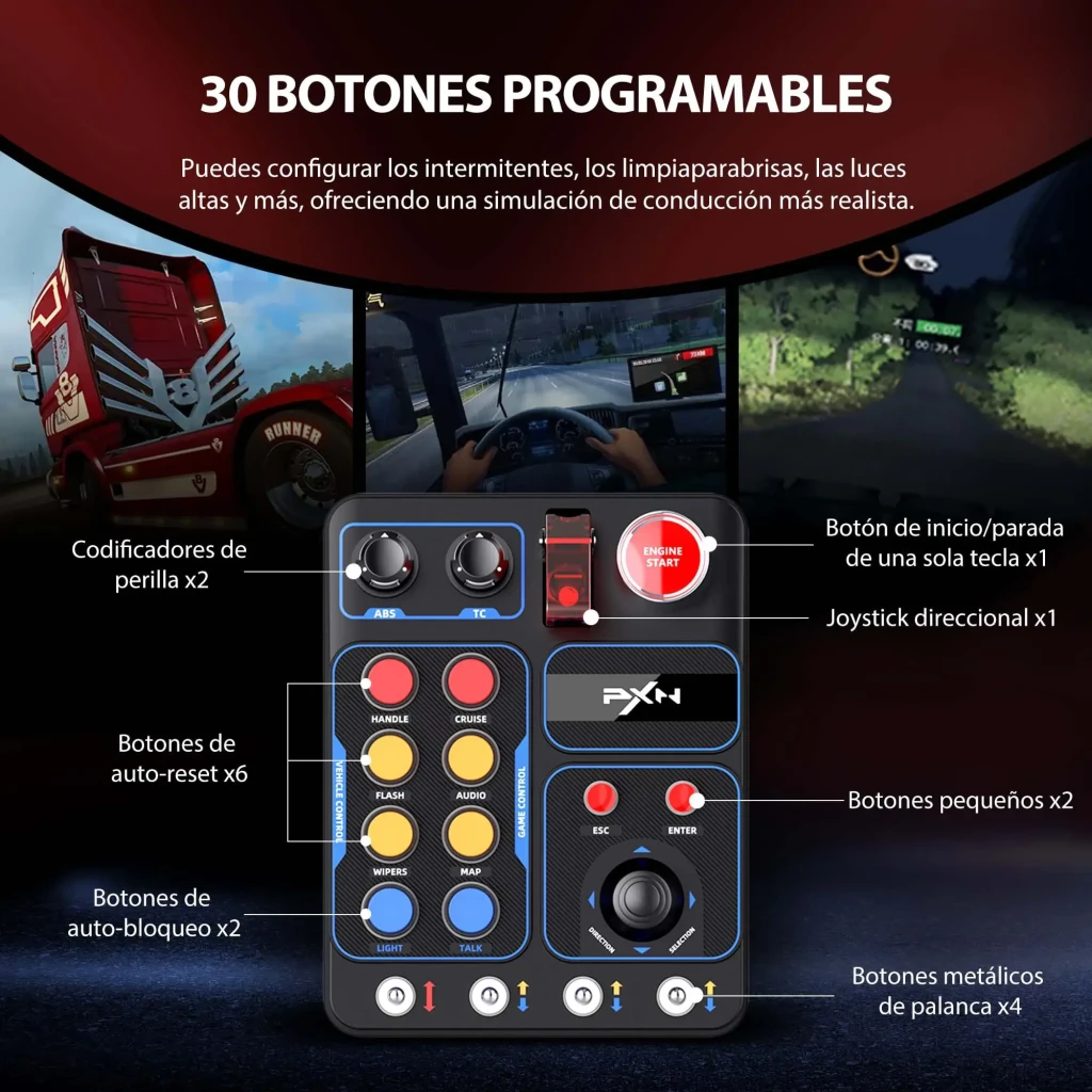 Panel de Boutons PXN CB1 RGB 7 effets 184x144x78,5mm Noir, infographie: 30 boutons programmables avec joystick, molettes