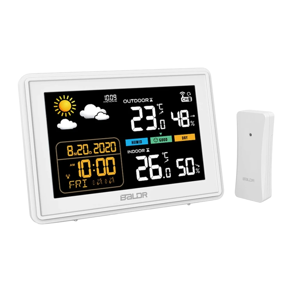 Estação Meteorológica BALDRTHERM Sem Fios 100m Branco B0359WST2H2PR, vista frontal: ecrã LCD colorido com temperatura