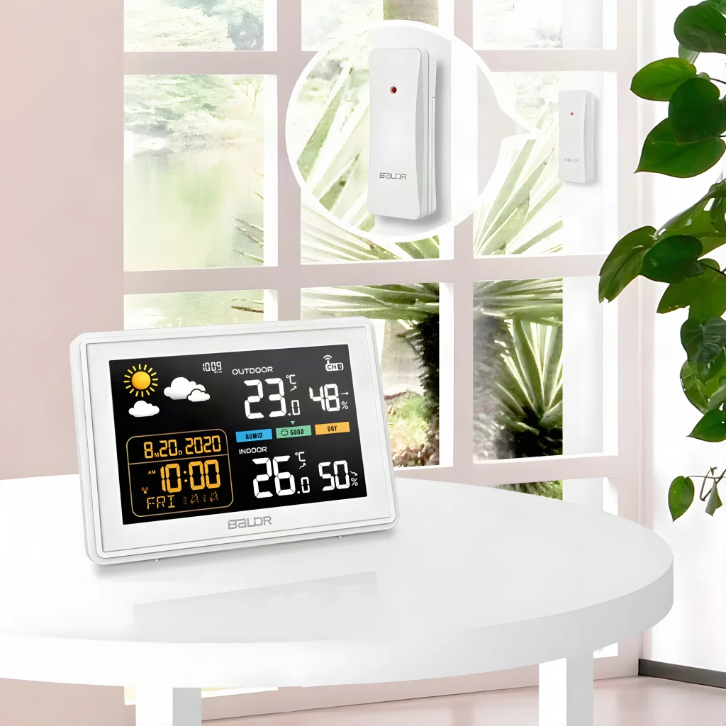 Estação Meteorológica BALDRTHERM Sem Fios 100m Branco B0359WST2H2PR, em uso: ecrã colorido sobre mesa branca com sensor