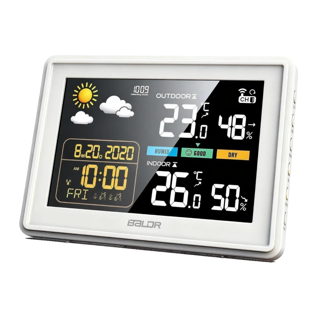 Estação Meteorológica BALDRTHERM Sem Fios 100m Branco B0359WST2H2PR, detalhe: ecrã colorido com temperatura interior