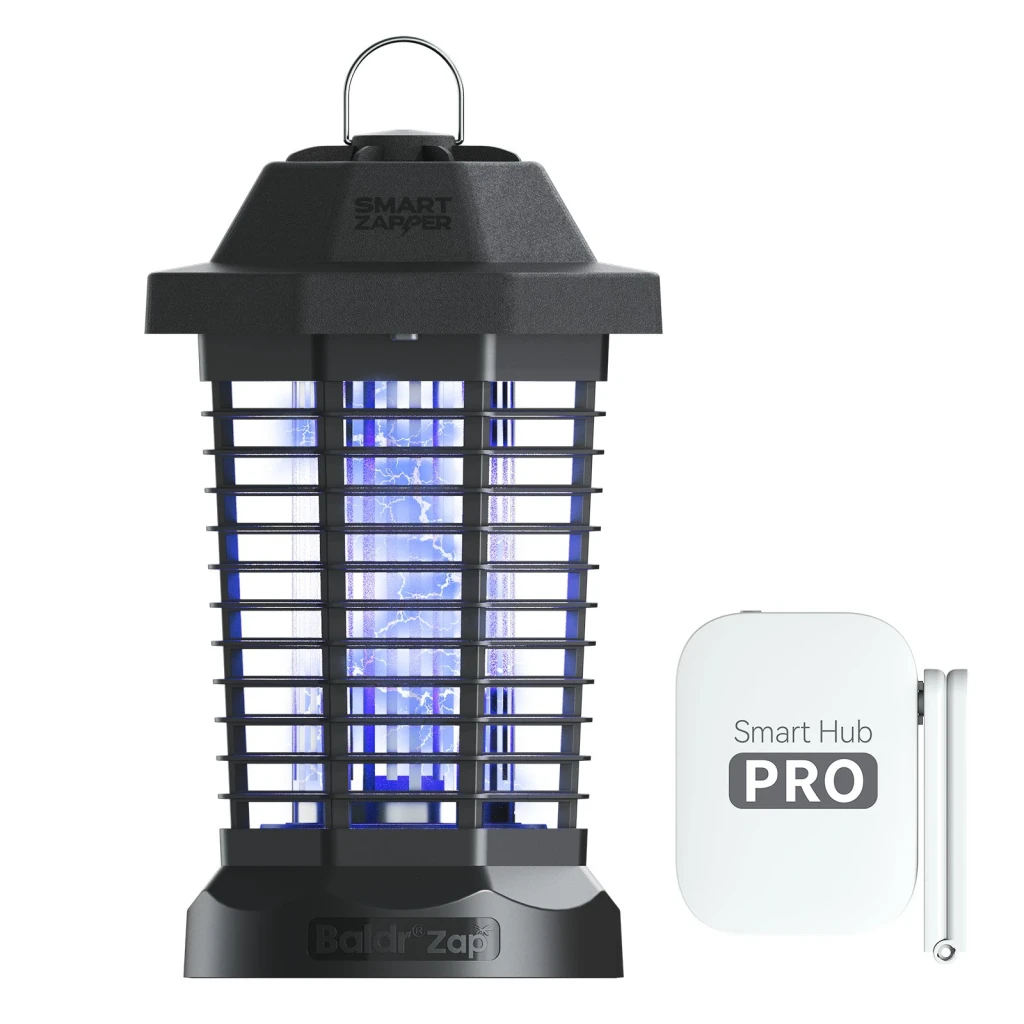 Lâmpada antimosquitos BaldrTherm Preto App WiFi 1W LED BZ601FRF, vista frontal: grelha preta com luz UV azul acesa, gancho