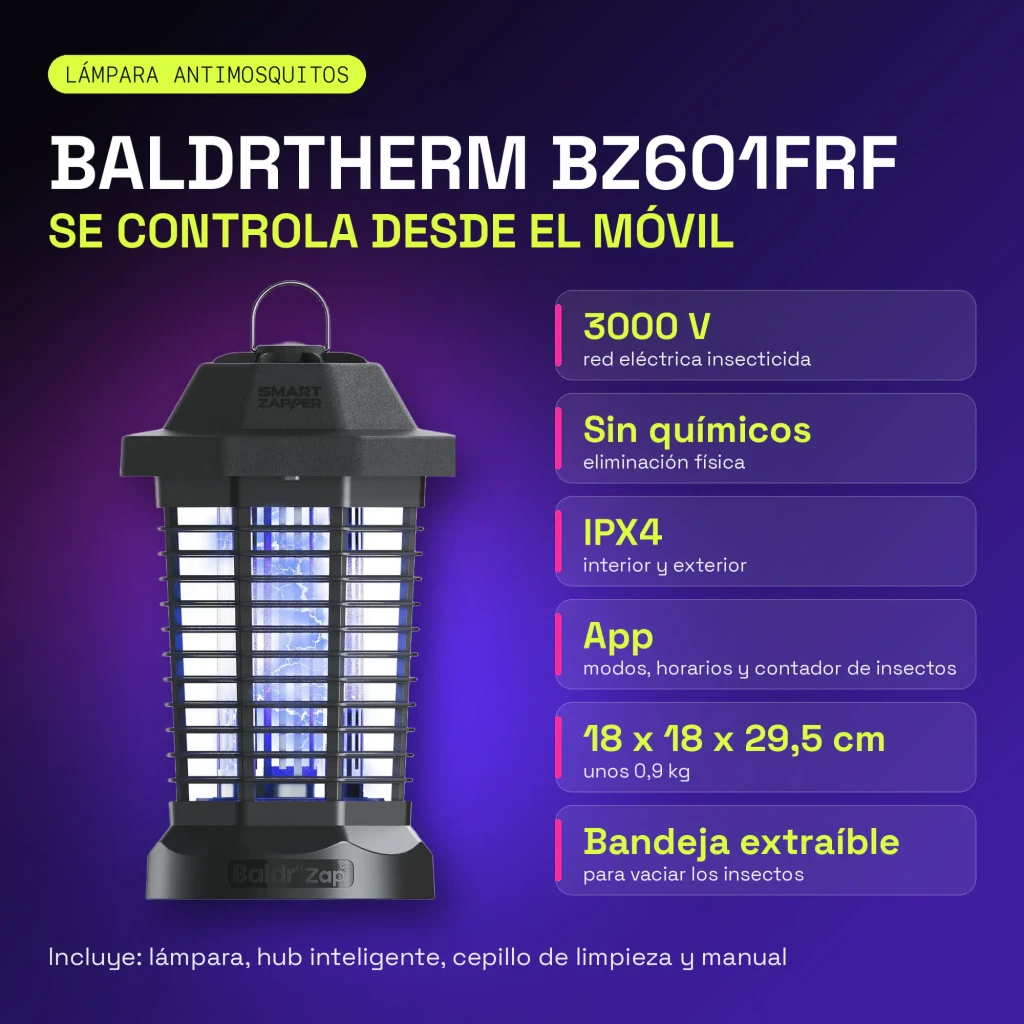 Lâmpada antimosquitos BaldrTherm Preto App WiFi 1W LED BZ601FRF, infográfico: rede 3000V, IPX4, controlo App e bandeja