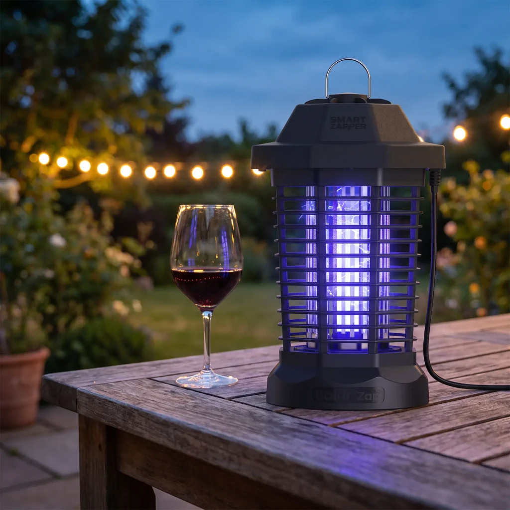 Lâmpada antimosquitos BaldrTherm Preto App WiFi 1W LED BZ601FRF, em uso: acesa em terraço ao entardecer junto a taça