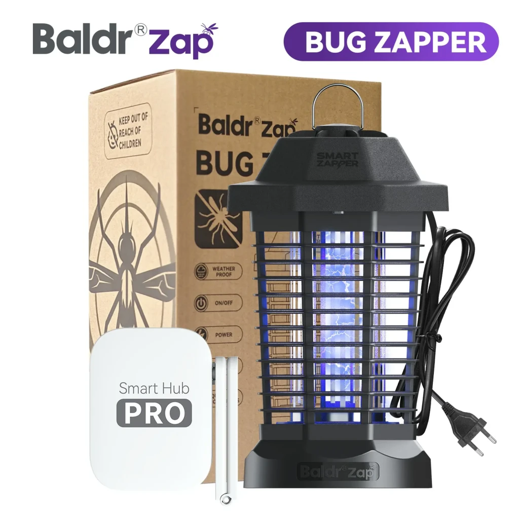 Lâmpada antimosquitos BaldrTherm Preto App WiFi 1W LED BZ601FRF, conteúdo da caixa: lâmpada com grelha azul acesa, Smart Hub