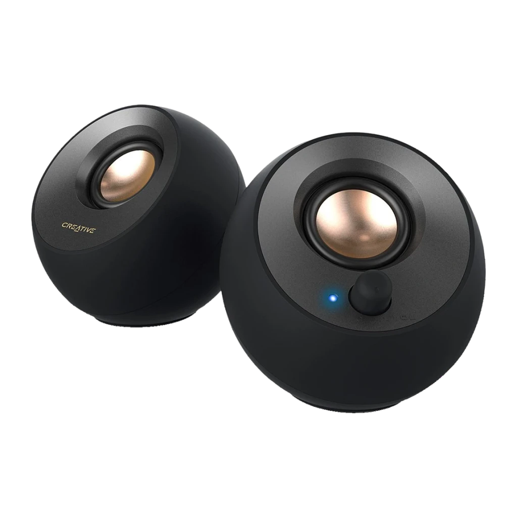 Altavoces Creative Labs Pebble 4,4W RMS Jack 3,5mm, USB Negro, vista frontal: dos unidades con tweeter dorado y LED azul