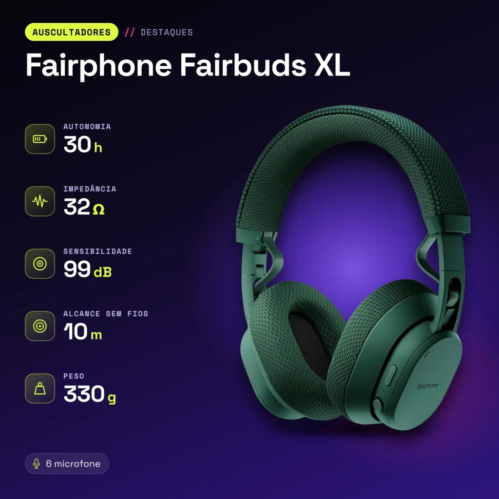 Auscultadores Fairphone Fairbuds XL Cancelamento de Ruído Banda Bluetooth 5.1 Verde - características