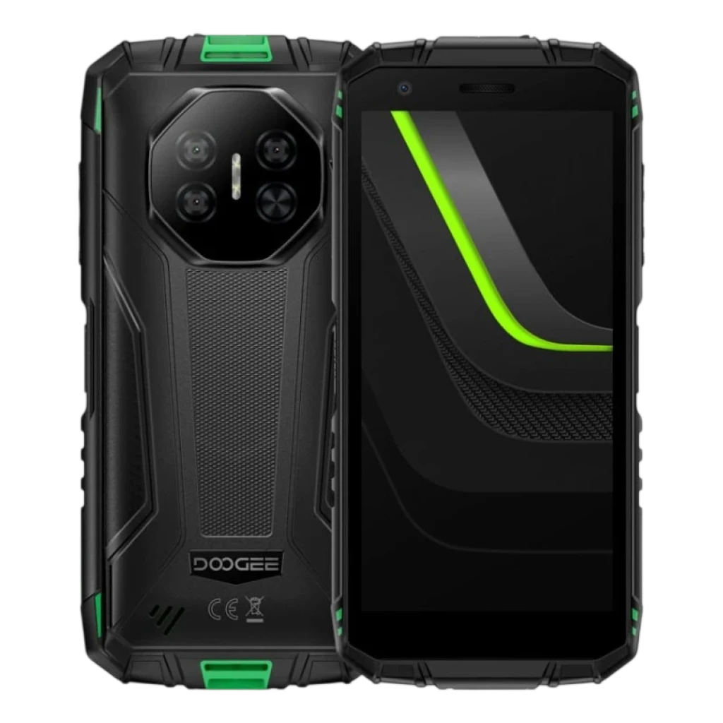 Smartphone robuste noir et vert, coque renforcée avec accents verts, triple module photo arrière, écran bord noir avec liseré vert, design angulaire