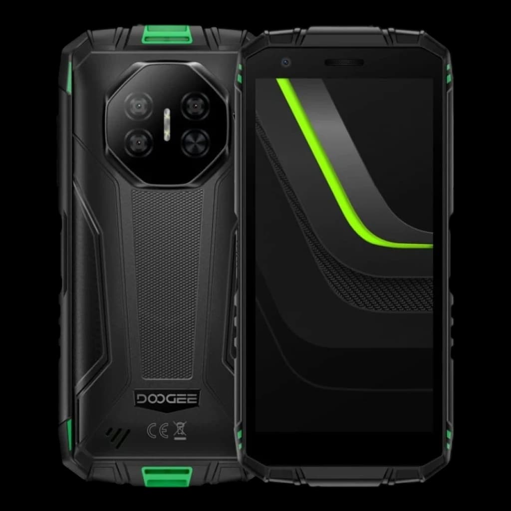 Smartphone robuste noir et vert, coque renforcée avec accents verts, triple module photo arrière, écran bord noir avec liseré vert, design angulaire
