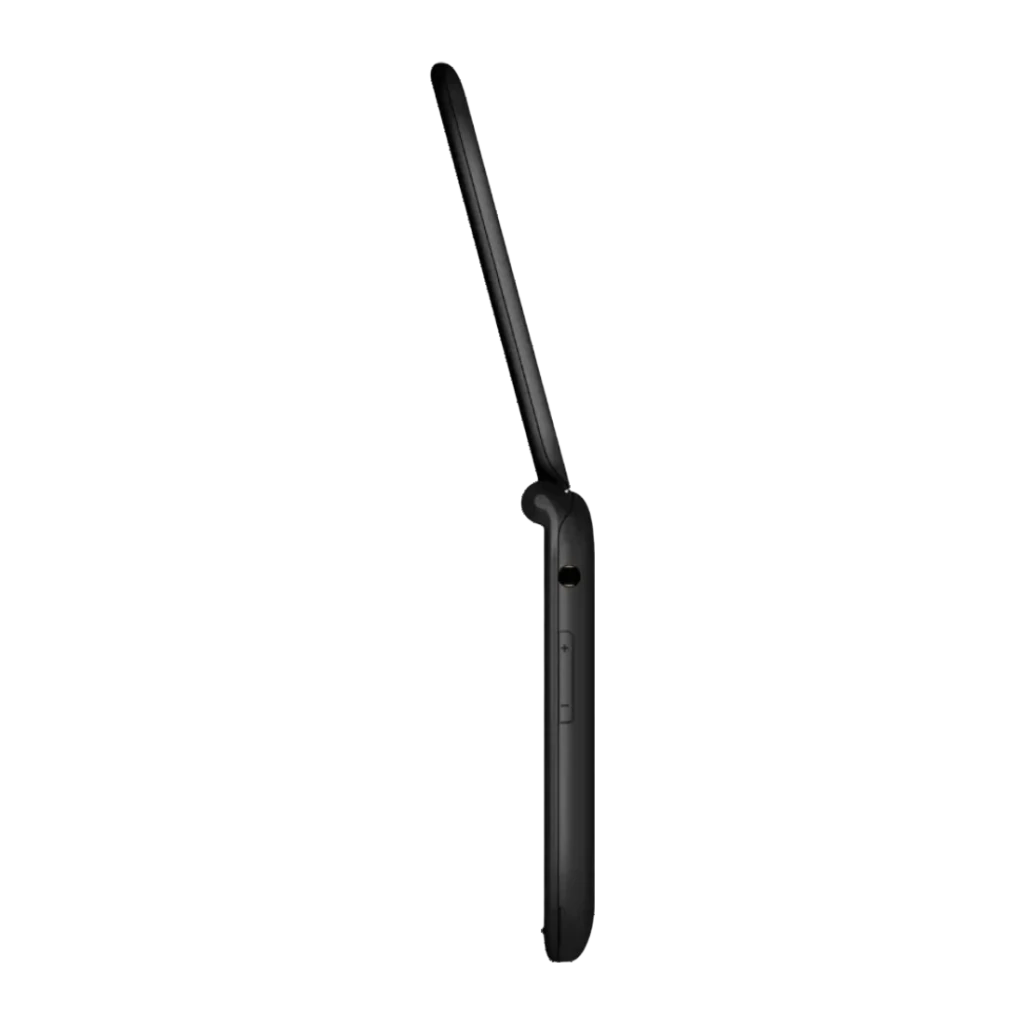 Maxcom MM828L 1200mAh 4G Preto Tampa/concha 2,4 polegadas TFT, vista lateral: perfil fino com dobradiça aberta e botão