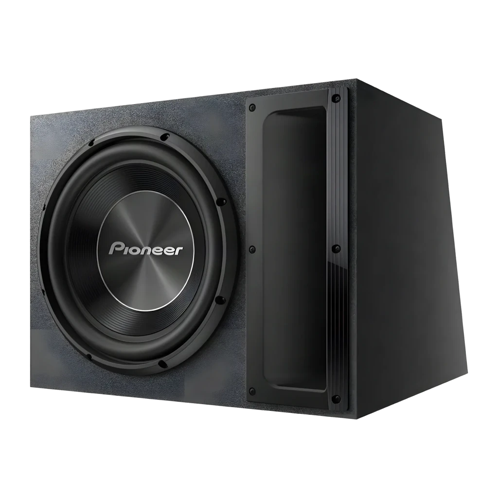 Caisson de basses voiture Pioneer 12 pouces 500W RMS Noir TS-A300B, vue avant: caisson bass-reflex noir avec haut-parleur