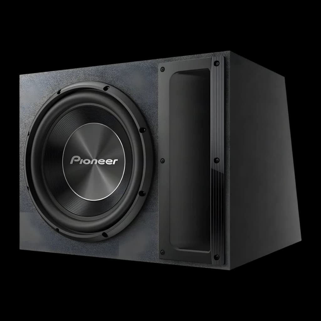 Caisson de basses voiture Pioneer 12 pouces 500W RMS Noir TS-A300B, vue avant: caisson bass-reflex noir avec haut-parleur