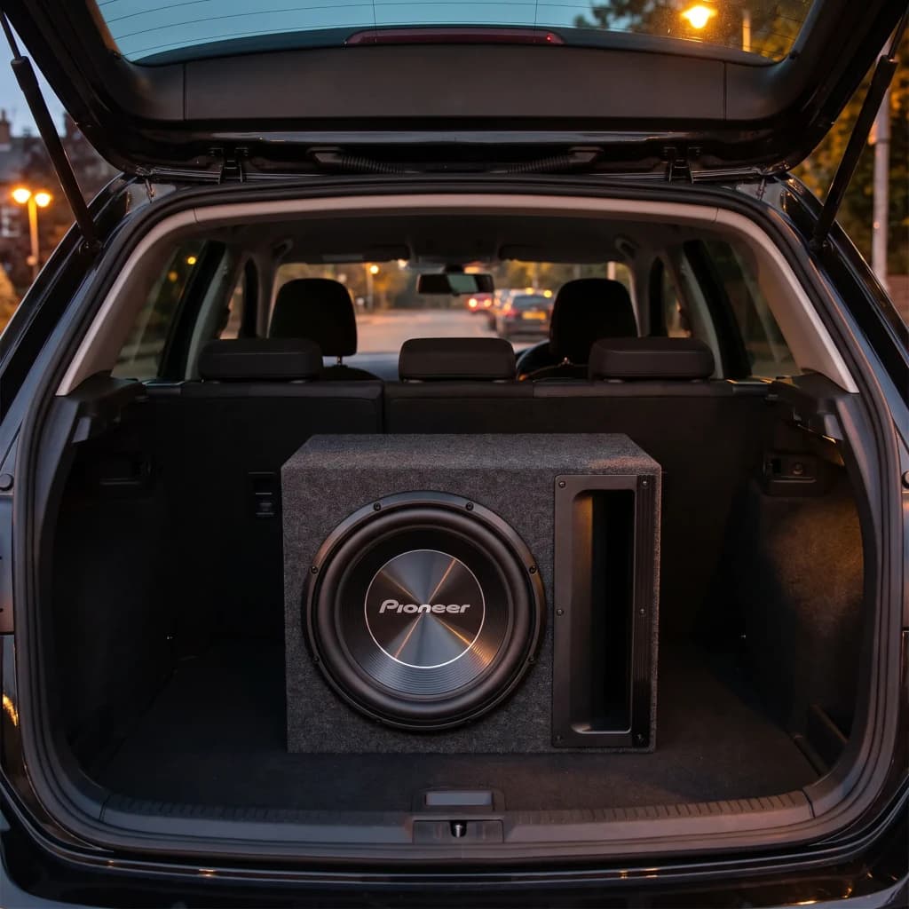 Caisson de basses voiture Pioneer 12 pouces 500W RMS Noir TS-A300B, en utilisation: installé en caisson dans coffre de SUV