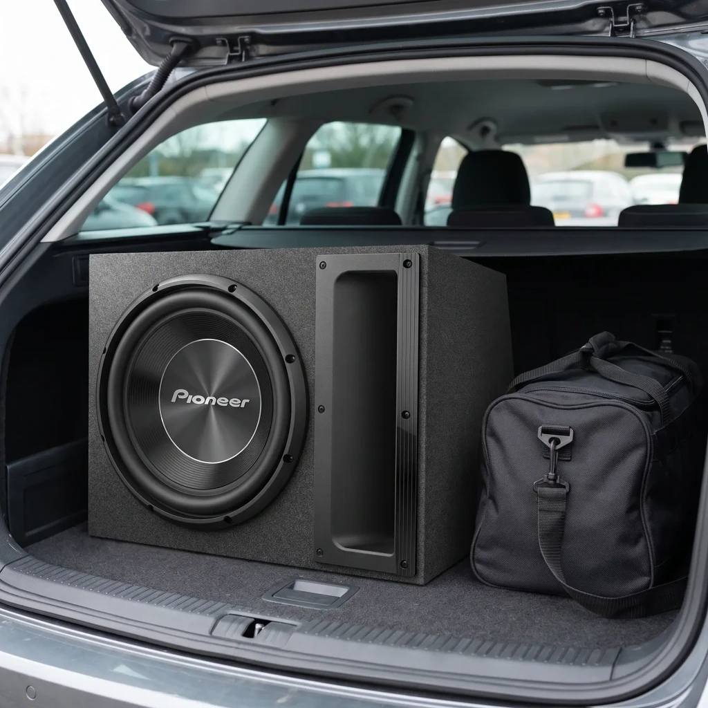Caisson de basses voiture Pioneer 12 pouces 500W RMS Noir TS-A300B, en utilisation: installé dans coffre ouvert de SUV
