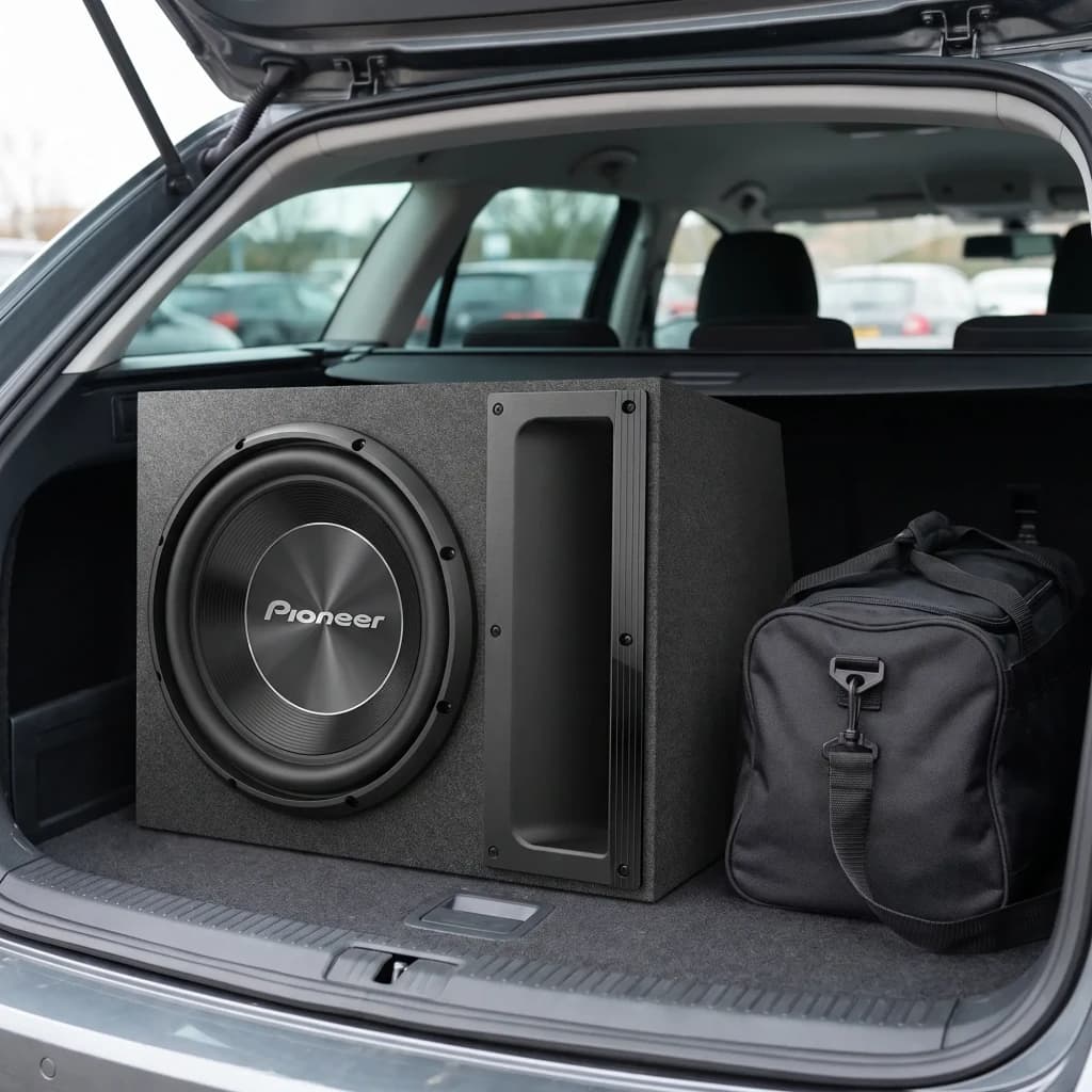 Caisson de basses voiture Pioneer 12 pouces 500W RMS Noir TS-A300B, en utilisation: installé dans coffre ouvert de SUV