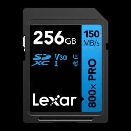 Cartão SD Lexar High-Performance 800x PRO SDXC 256GB V30 U3 UHS-I Preto, vista frontal: etiqueta preta e azul com 150 MB/s