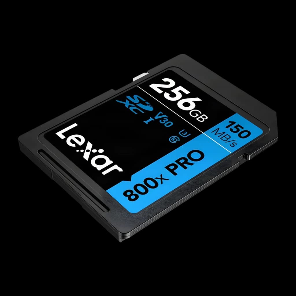 Cartão SD Lexar High-Performance 800x PRO SDXC 256GB V30 U3 UHS-I Preto, detalhe: vista em perspectiva com etiqueta azul