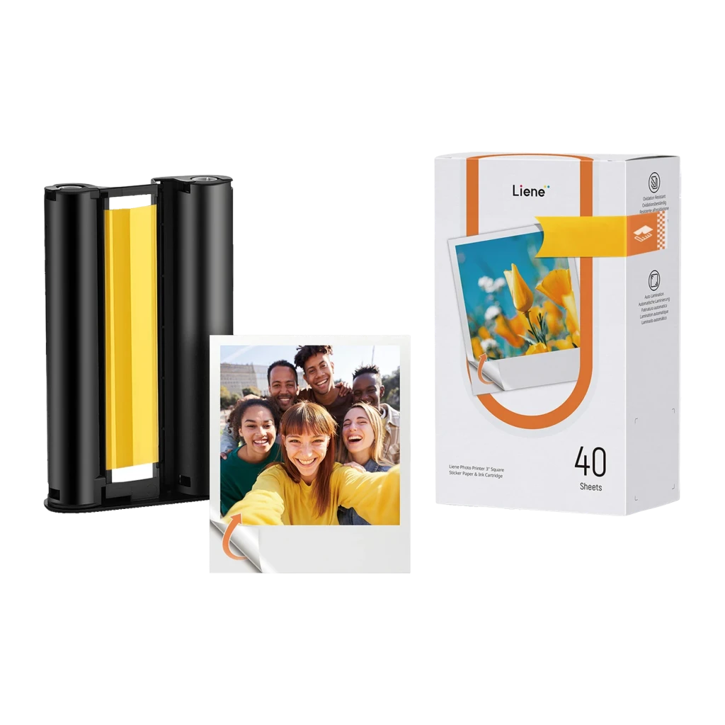 Papier Photo Liene Amber 3x3 pouces Autocollant 40 Feuilles + 1 Cartouche Noir, vue de face: cartouche noire avec ruban
