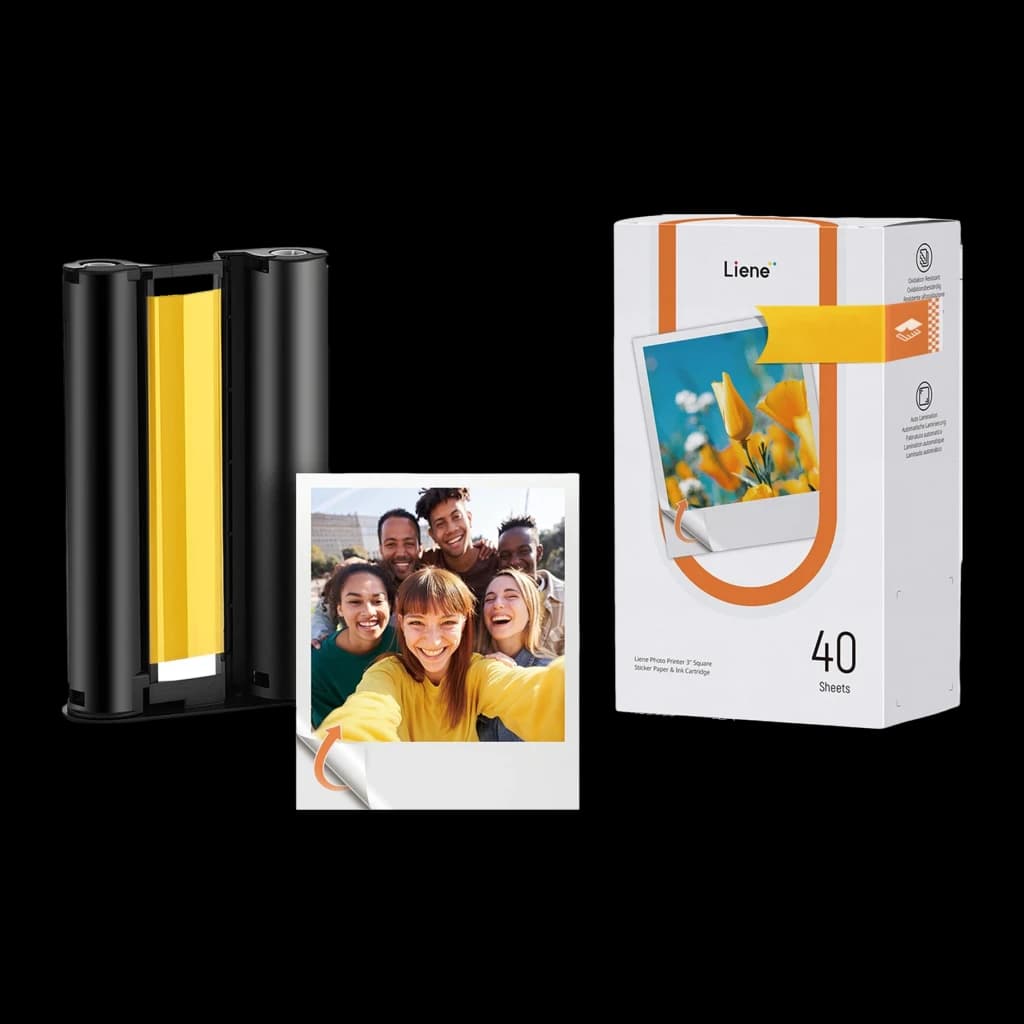 Papier Photo Liene Amber 3x3 pouces Autocollant 40 Feuilles + 1 Cartouche Noir, vue de face: cartouche noire avec ruban