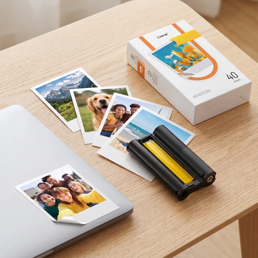 Papier Photo Liene Amber 3x3 pouces Autocollant 40 Feuilles + 1 Cartouche Noir, en utilisation: boîte, cartouche et photos