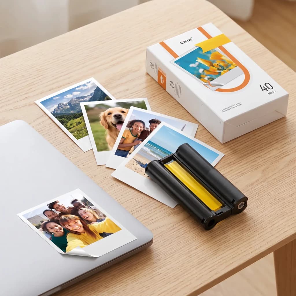 Papier Photo Liene Amber 3x3 pouces Autocollant 40 Feuilles + 1 Cartouche Noir, en utilisation: boîte, cartouche et photos