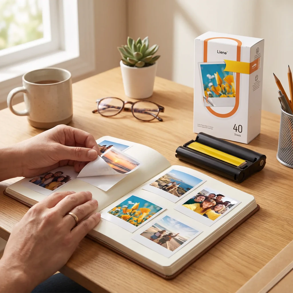 Papier Photo Liene Amber 3x3 pouces Autocollant 40 Feuilles + 1 Cartouche Noir, en utilisation: mains collant des photos