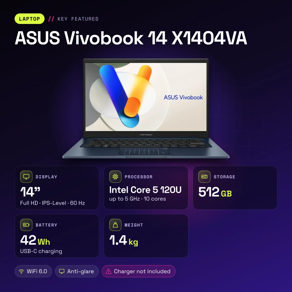 Portátil ASUS Vivobook 14 16GB/512GB 14 pulgadas FHD IPS Intel Core 5 120U NVMe PCIe 4.0 Windows 11 Home Azul X1404VA - características