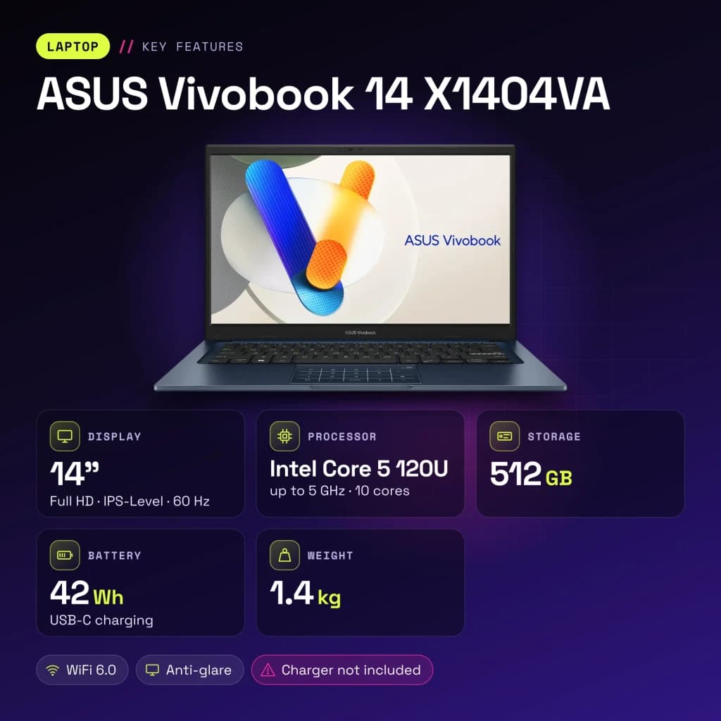 Portátil ASUS Vivobook 14 16GB/512GB 14 pulgadas FHD IPS Intel Core 5 120U NVMe PCIe 4.0 Windows 11 Home Azul X1404VA - características
