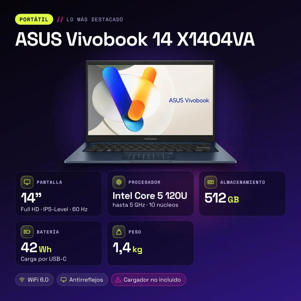 Portátil ASUS Vivobook 14 16GB/512GB 14 pulgadas FHD IPS Intel Core 5 120U NVMe PCIe 4.0 Windows 11 Home Azul X1404VA - características