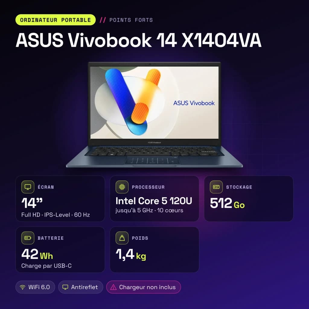 Portátil ASUS Vivobook 14 16GB/512GB 14 pulgadas FHD IPS Intel Core 5 120U NVMe PCIe 4.0 Windows 11 Home Azul X1404VA - características