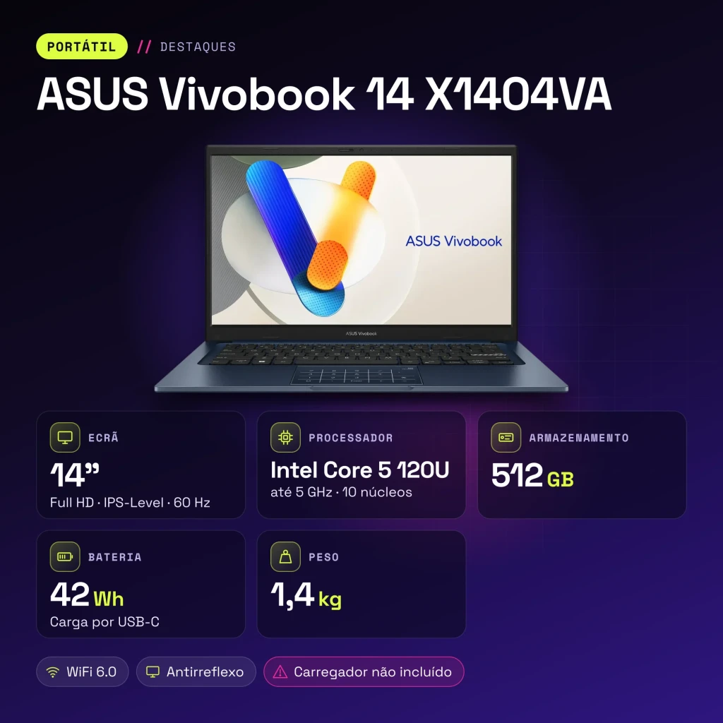 Portátil ASUS Vivobook 14 16GB/512GB 14 pulgadas FHD IPS Intel Core 5 120U NVMe PCIe 4.0 Windows 11 Home Azul X1404VA - características