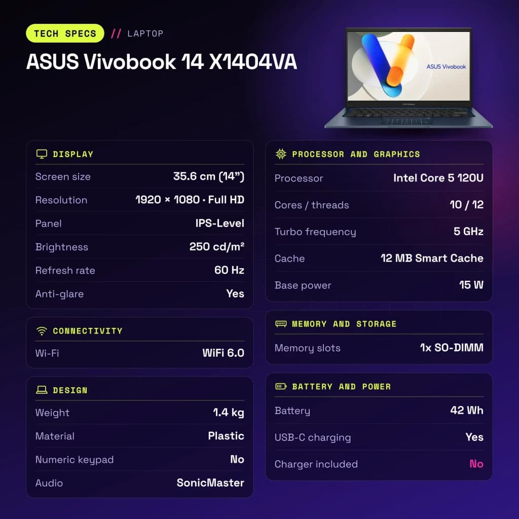 Portátil ASUS Vivobook 14 16GB/512GB 14 pulgadas FHD IPS Intel Core 5 120U NVMe PCIe 4.0 Windows 11 Home Azul X1404VA - características