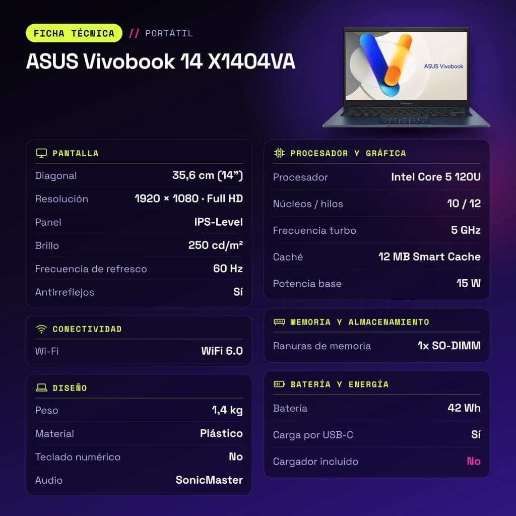 Portátil ASUS Vivobook 14 16GB/512GB 14 pulgadas FHD IPS Intel Core 5 120U NVMe PCIe 4.0 Windows 11 Home Azul X1404VA - características