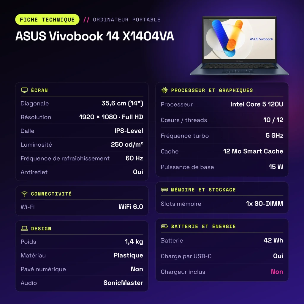 Portátil ASUS Vivobook 14 16GB/512GB 14 pulgadas FHD IPS Intel Core 5 120U NVMe PCIe 4.0 Windows 11 Home Azul X1404VA - características