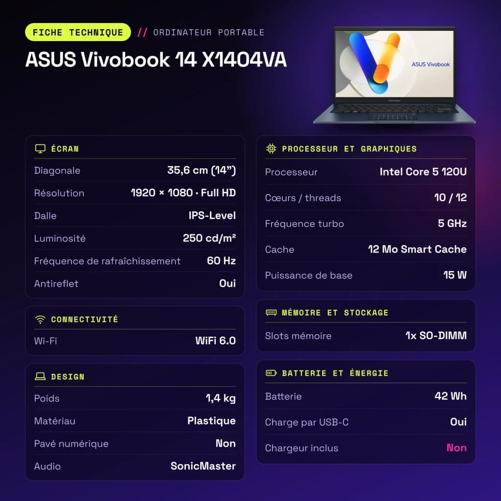 Portátil ASUS Vivobook 14 16GB/512GB 14 pulgadas FHD IPS Intel Core 5 120U NVMe PCIe 4.0 Windows 11 Home Azul X1404VA - características