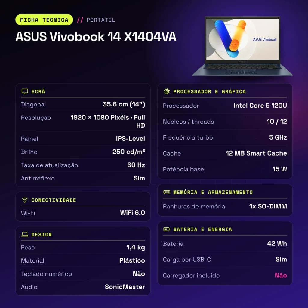 Portátil ASUS Vivobook 14 16GB/512GB 14 pulgadas FHD IPS Intel Core 5 120U NVMe PCIe 4.0 Windows 11 Home Azul X1404VA - características