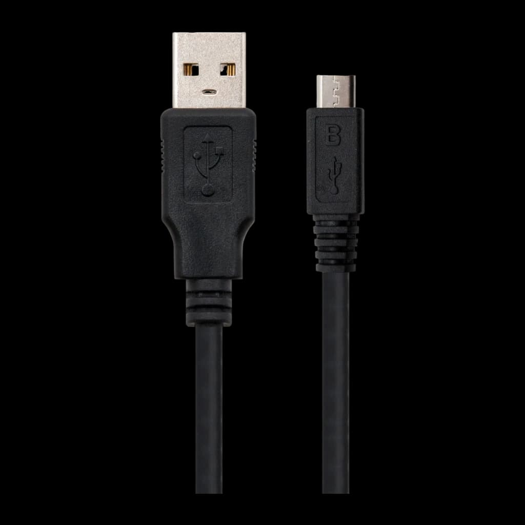 Câble Nanocable USB 2.0 Type A Mâle vers Micro USB B Mâle 0,8 m Noir, détail: connecteurs Type A et Micro USB B avec icônes