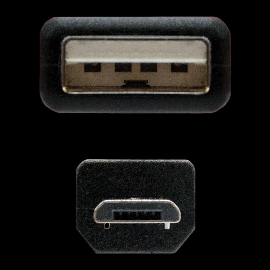 Câble Nanocable USB 2.0 Type A Mâle vers Micro USB B Mâle 0,8 m Noir, détail: connecteurs Type A et Micro USB B de face