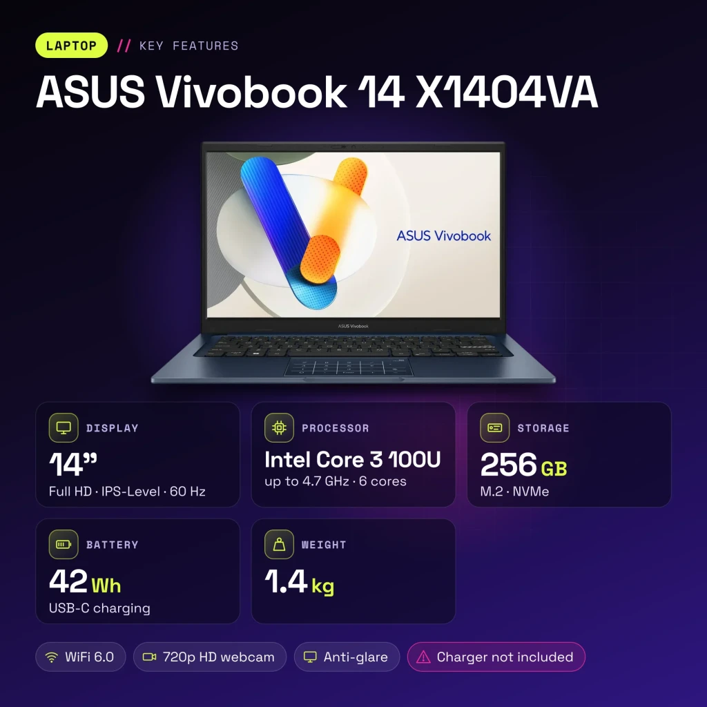 Portátil ASUS Vivobook 14 8GB/256GB 14 pulgadas FHD IPS Intel Core 3 100U SSD NVMe PCIe 4.0 Windows 11 Home Azul X1404VA - características
