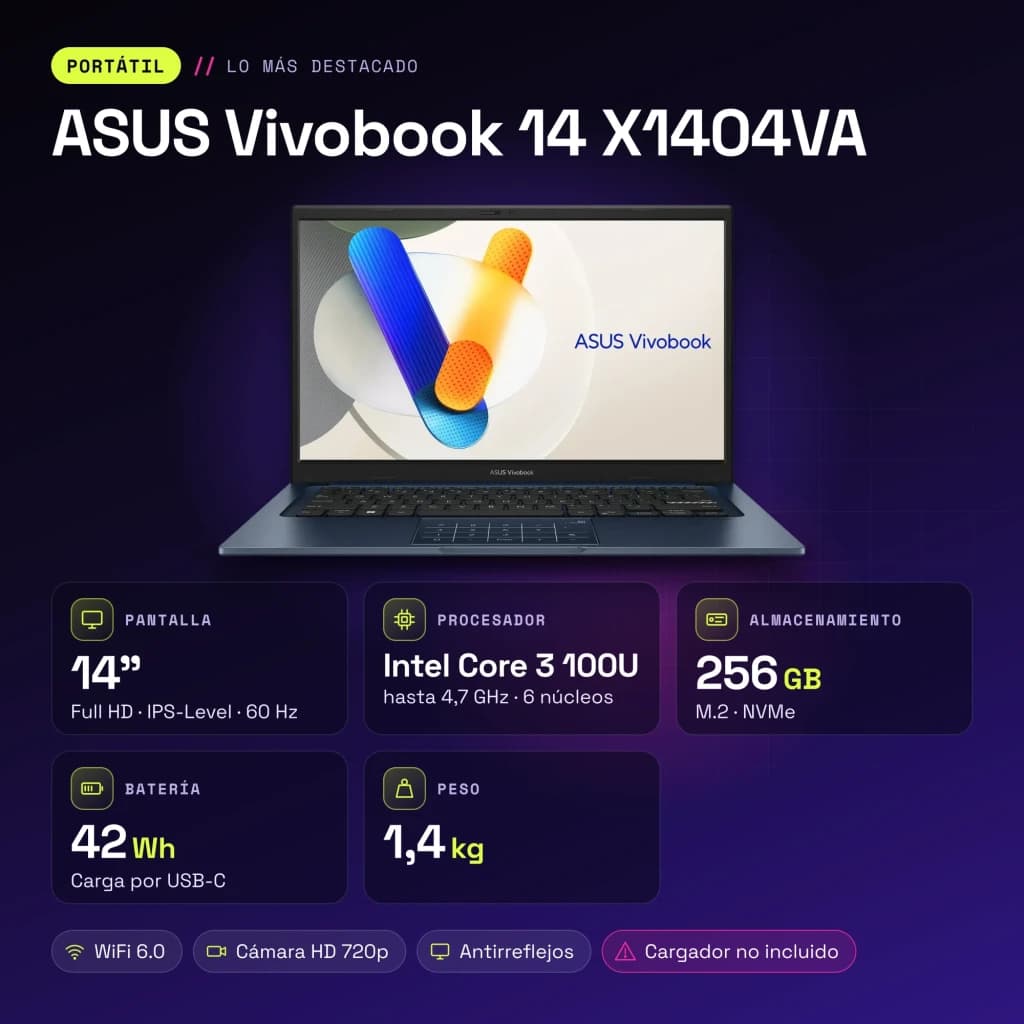 Portátil ASUS Vivobook 14 8GB/256GB 14 pulgadas FHD IPS Intel Core 3 100U SSD NVMe PCIe 4.0 Windows 11 Home Azul X1404VA - características