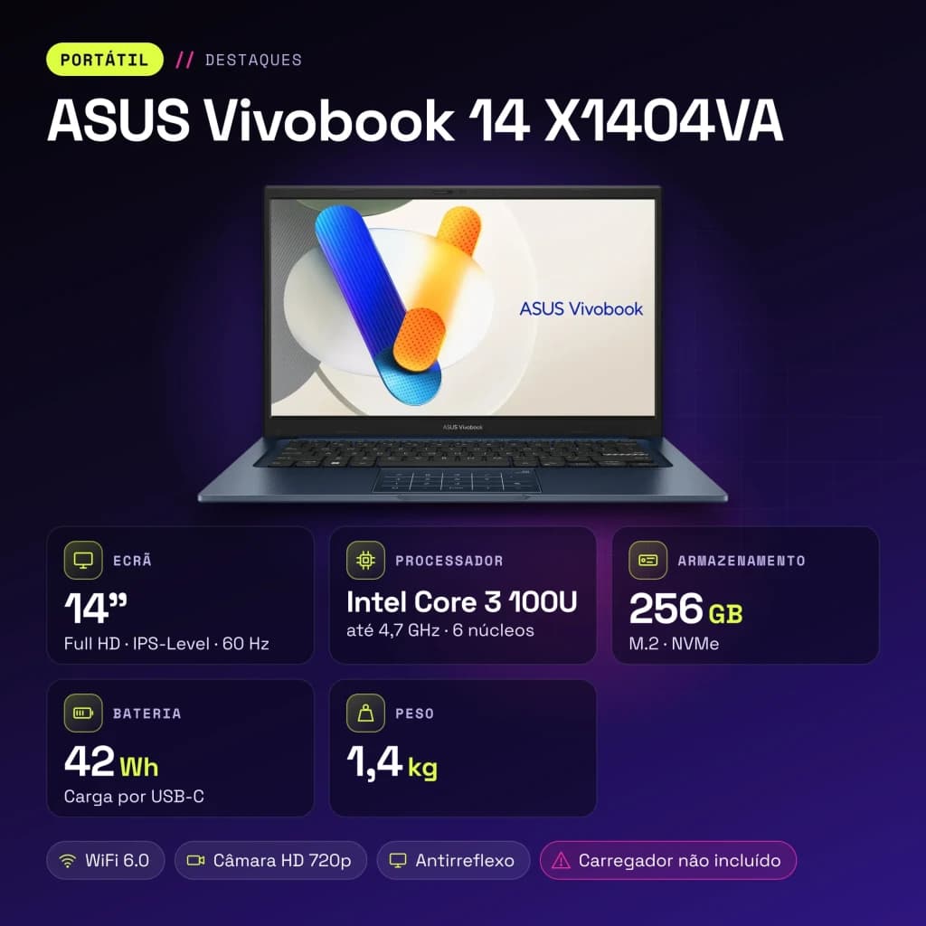Portátil ASUS Vivobook 14 8GB/256GB 14 pulgadas FHD IPS Intel Core 3 100U SSD NVMe PCIe 4.0 Windows 11 Home Azul X1404VA - características
