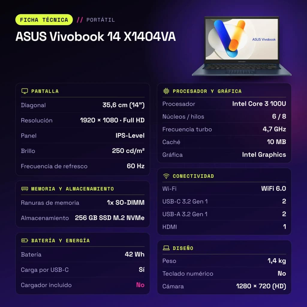 Portátil ASUS Vivobook 14 8GB/256GB 14 pulgadas FHD IPS Intel Core 3 100U SSD NVMe PCIe 4.0 Windows 11 Home Azul X1404VA - características